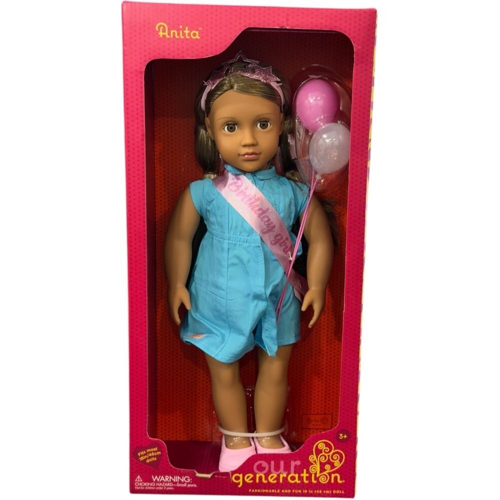 Our Generation Anita Kids Toy Birthday Girl Brown Eyes with Balloons Doll. NEW.